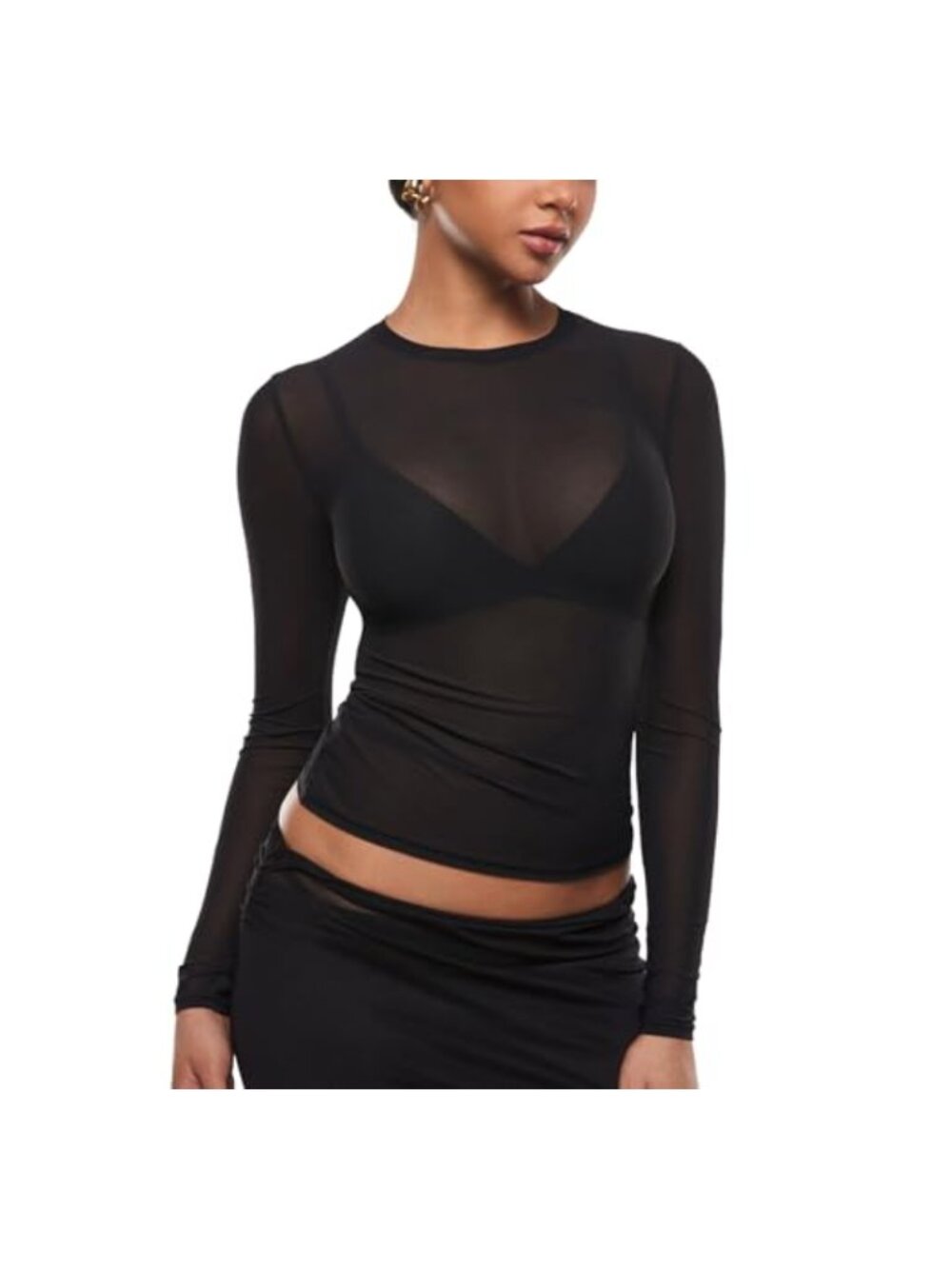 Slim Fit Mesh Long Sleeve Crew Neck Top for Activewear & Casual